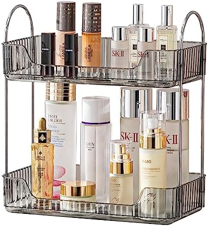 Akinbas 2 Tier Bathroom Organizer Countertop Makeup Perfume Tray Skincare Organizer for Bathroom Dresser Vanity (Grey)