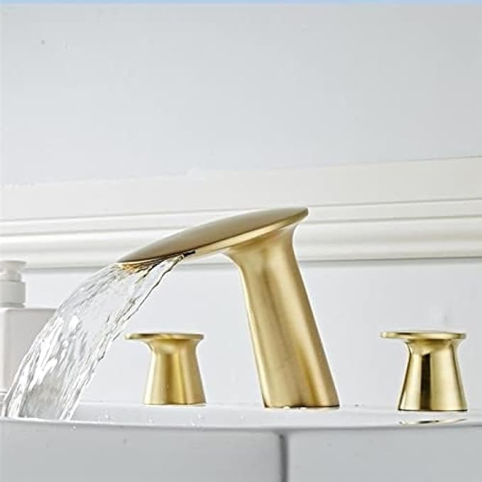 Basin Faucet Brushed Gold Bathroom Sink 3 Hole Widespread Rose Mixer Hot and Cold Waterfall Tap New-Gold(Brushed Gold)