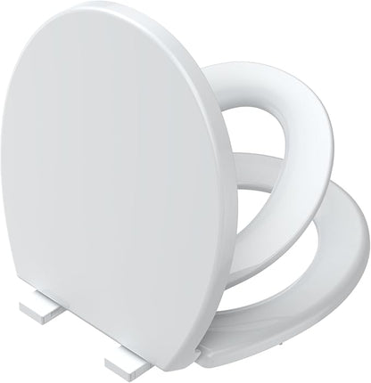 17" Round Toilet Seat with Built-In Toddler Seat, Quiet-Close Potty Training Seat with Quick-Release & Grip-Tight Bumpers, Quick-Attach Hardware, White Family Toilet Seat