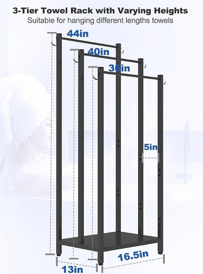 44 Inch Tall Free Standing Towel Rack, Black | 3 Tiers Heavy Duty Blanket Drying Stand Holder with Metal Storage Shelf & 6 Hooks for Bathroom, Pool, Bedroom, Living Room