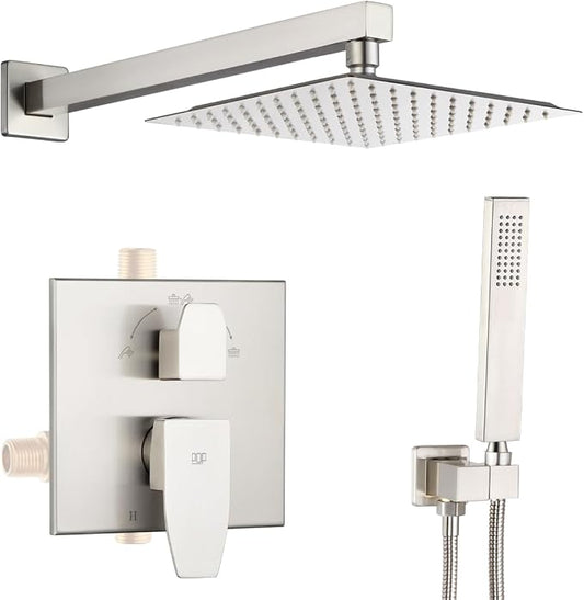 Shower Faucet Set Brushed Nickel Rainfall 8 Inch Shower Head and Handle Set Bathroom Rain Shower System Wall Mounted Shower Fixture Include Shower Valve and Trim Kit