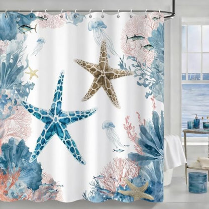 Coral Beach Shower Curtain for Bathroom, Ocean Coastal Theme, 72x72 In