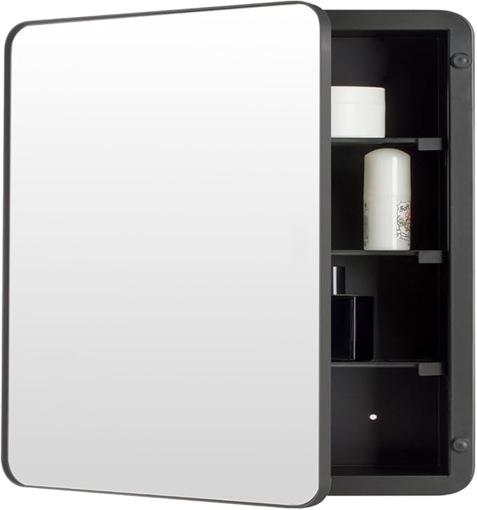 24’’x24’’ Medicine Cabinet,Metal Framed Medicine Cabinet Mirror with Round Corner,Recessed and Surface Mount Bathroom Mirror with Storage, Removeable Shelves,Dark Gray Frame