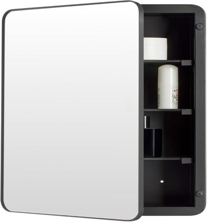 24’’x24’’ Medicine Cabinet,Metal Framed Medicine Cabinet Mirror with Round Corner,Recessed and Surface Mount Bathroom Mirror with Storage, Removeable Shelves,Dark Gray Frame