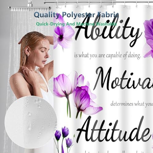 Purple Floral Inspirational Quote Shower Curtain with Hooks 72 x 72 Inches
