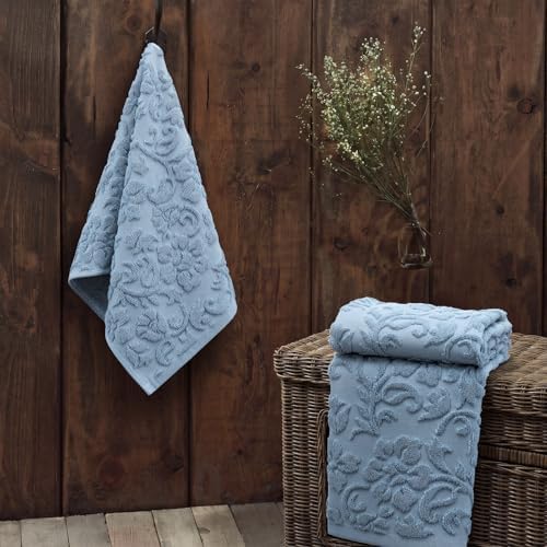 SmoothNovelty 2 Pcs Blue Floral Jacquard Hand Towels for Bathroom