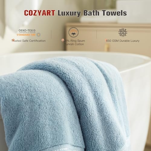 COZYART Luxury Bath Towels 4 PCS, 27x54 650 GSM Turkish Cotton, Light Blue