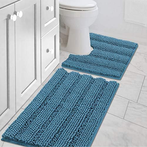 H.VERSAILTEX Bathroom Rugs Bath Rug Set 2 Piece Bathroom Contour Rug Toilet Mat Sets Non Slip Contour Bath Rug Ultra Thick Water Absorbent Striped Bath Mats(20" x 32" Plus 20" x 20" U, Turquoise Blue)