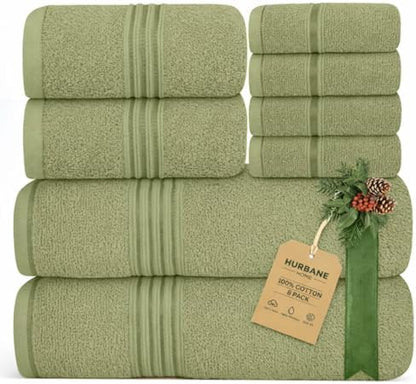 8 Piece Bath Towels for Bathroom - 100% Cotton, Soft Absorbent Bathroom Towels Set - 2 Extra Large Bath Towels, 2 Hand Towels & 4 Washcloths - Hotel Spa Thick Plush Towel, Sage Green
