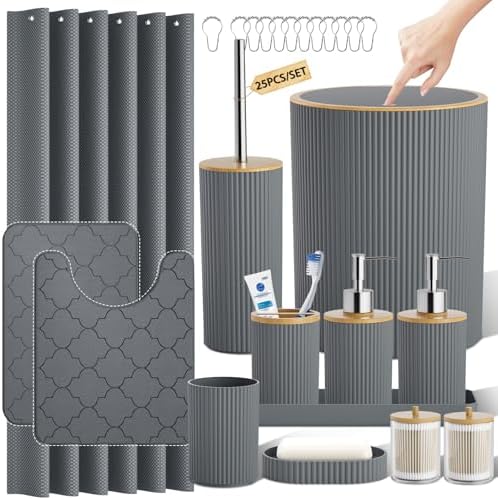 Gray Bathroom Accessories Set with Shower Curtain and Rugs