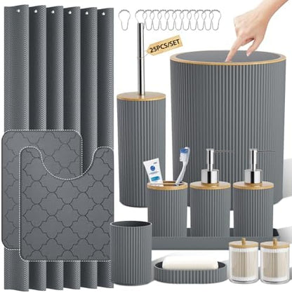 Gray Bathroom Accessories Set with Shower Curtain and Rugs