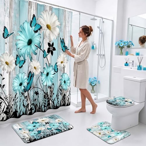 FuWeave 8 Pcs Teal Daisy Shower Curtain Set for Bathroom Include Farmhouse Rustic Daisy Flower Shower Curtain Towels Non Slip Rugs Toilet Lid Cover Bath Mat and 12 Hooks for Bathroom Decor