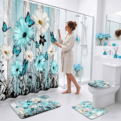 FuWeave 8 Pcs Teal Daisy Shower Curtain Set for Bathroom Include Farmhouse Rustic Daisy Flower Shower Curtain Towels Non Slip Rugs Toilet Lid Cover Bath Mat and 12 Hooks for Bathroom Decor