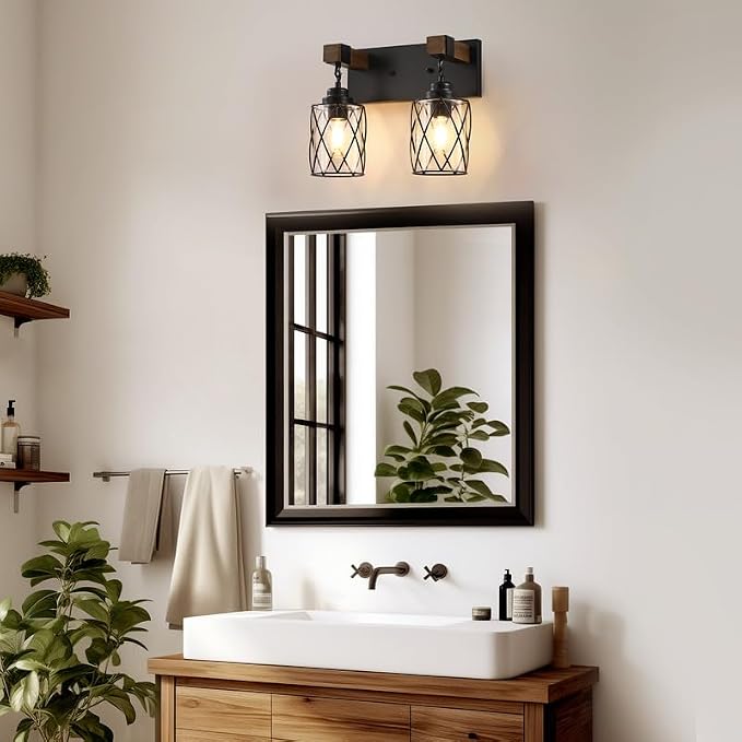 Bathroom Light Fixtures,Farmhouse Black Metal with Glass Shade | 2 Light Rustic Vanity Lights, Wood Accent Wire Cage Design, Mounts Over Mirror, Ideal for Bedroom & Hallway,Easy to Install