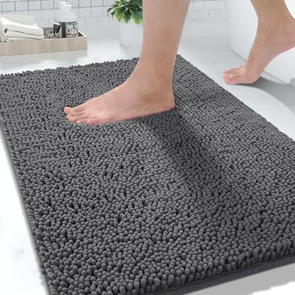 Yimobra Washable Bathroom Rugs, Super Soft & Absorbent Chenille Bath Mat for Floor & Carpet, Quick Dry Non Slip Bath Mat for Tub Shower, 32"x20",Dark Gray
