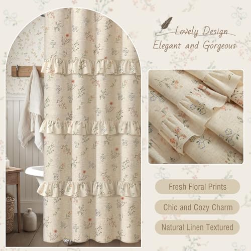 Floral Farmhouse Vintage French Country Ruffle Linen Shower Curtain 60Wx72H