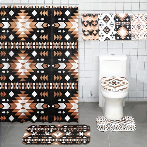 FuWeave 8 Pcs Aztec Shower Curtain Set, Southwestern Bathroom 12 Hooks