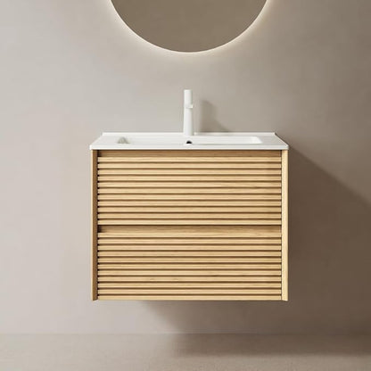24" Floating Bathroom Vanity with Sink, Wall Mounted Modern Bathroom Cabinet with 2 Soft Close Drawers, Oak & Plywood, Pre-Assembled with Integrated Ceramic Basin – Sedona, Light Oak