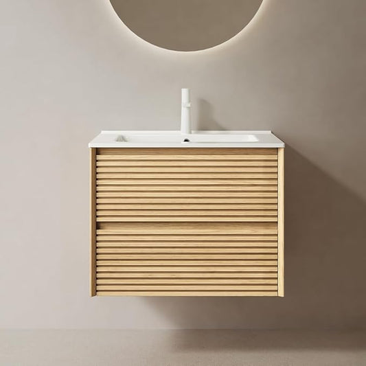 24" Floating Bathroom Vanity with Sink, Wall Mounted Modern Bathroom Cabinet with 2 Soft Close Drawers, Oak & Plywood, Pre-Assembled with Integrated Ceramic Basin – Sedona, Light Oak