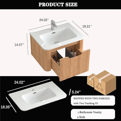 24'' Floating Bathroom Vanity with Sink, Wall Mounted Modern Bathroom Cabinet W/Curved Edges Stripes, Oak & Plywood, Pre-Assembled with Integrated Ceramic Basin – Havana, Natural Oak