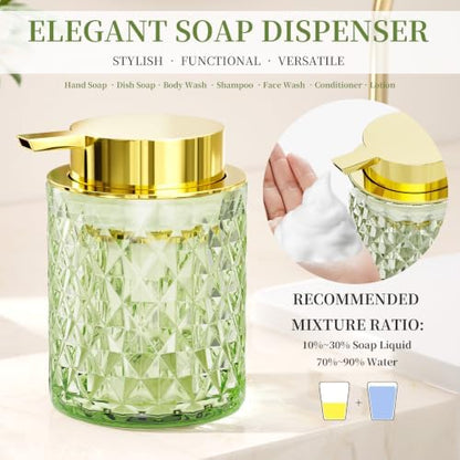 Green Bathroom Accessories Set 5Pcs Crystal Glass, Foaming Soap Dispenser with Rust Pump, Soap Dish, Cup, Acrylic Toothbrush Holder with Tray Organizer, Cotton Swab Jar, Bathroom Counter Decor