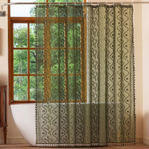 WAZZIO Olive Green Lace Shower Curtain for Bathroom 72" W x 72" L, Victorian Farmhouse Floral Pattern Tassel Fancy Shower Curtain Boho Washable Cloth Decorative Bath Curtains,1 Panel