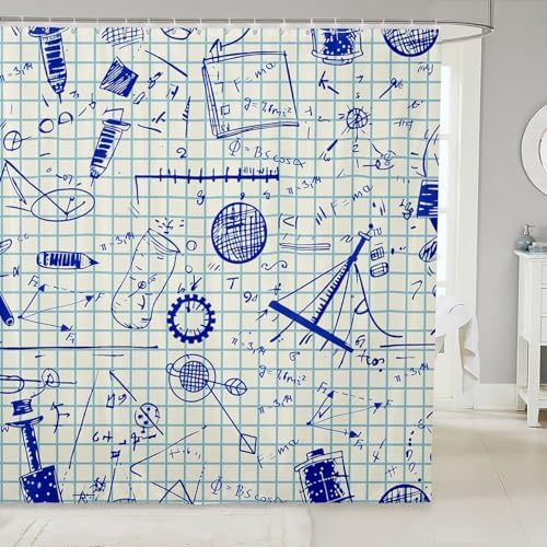 Feelyou Physics Shower Curtain Blue Equation Waterproof Bath Curtain Model On Graph Paper Bathroom Shower Curtain Set with 12 Hooks for Stalls Bathtubs Decorations 72" Wx72 L