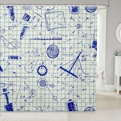 Feelyou Physics Shower Curtain Blue Equation Waterproof Bath Curtain Model On Graph Paper Bathroom Shower Curtain Set with 12 Hooks for Stalls Bathtubs Decorations 72" Wx72 L