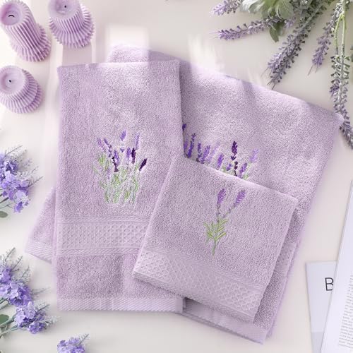 3 Pcs Lavender Floral Bathroom Towel Set Farmhouse Embroidered