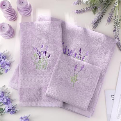 3 Pcs Lavender Floral Bathroom Towel Set Farmhouse Embroidered