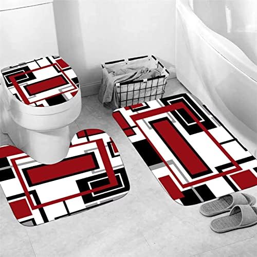 Yddsky 4 Pcs Red Geometric Shower Curtain Set with Rugs Bathroom Set