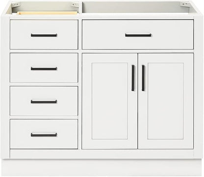 ARIEL Hepburn 42-inch Bathroom Vanity Base Cabinet,Solid Wood, 2 Soft Closing Doors, 5 Dovetail Drawers, White