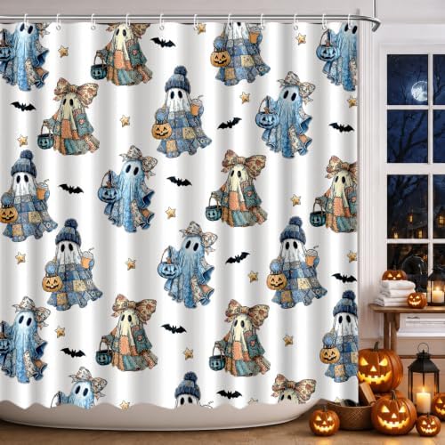 MEHOFOND Halloween Blue White Patchwork Ghost Shower Curtain Bath Curtain