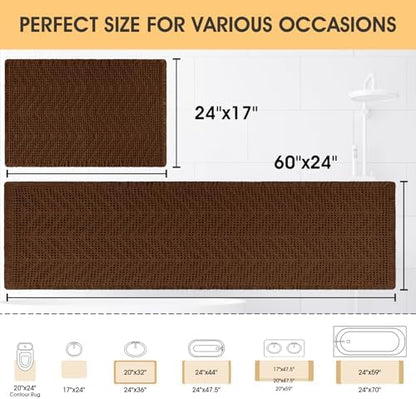 Waffle Bath Mat Set 2 Piece, Boho Woven Modern Bath Rug Absorbent Non Slip, Ultra Soft Bathroom Mats, Machine Washable Knit Bath Rugs with Herringbones for Bathroom, Bedroom, Kitchen, Shower, Brown