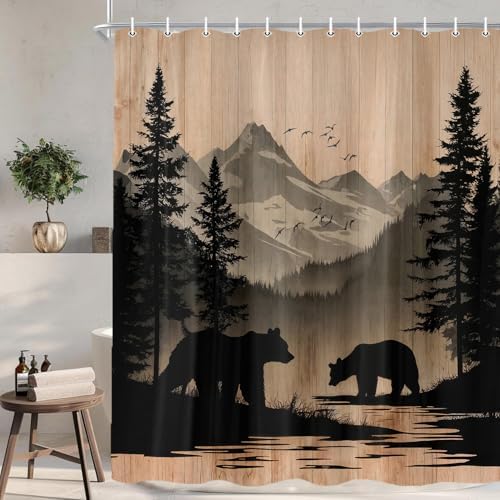 Rustic Cabin Shower Curtain, Mens Outdoor Bear Forest Wildlife Country Farmhouse Bath Curtains, Hunting Camping Camper RV Waterproof Fabric Bathroom Decor Accessories Set with Hooks,70X70IN