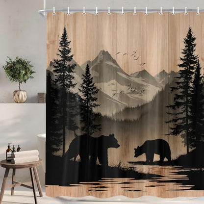 Rustic Cabin Shower Curtain, Mens Outdoor Bear Forest Wildlife Country Farmhouse Bath Curtains, Hunting Camping Camper RV Waterproof Fabric Bathroom Decor Accessories Set with Hooks,47X70IN