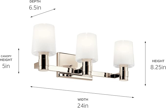 Kichler Adani 3-Light Vanity, Modern Light with Opal Glass in Polished Nickel, Bathroom or Powder Room (8.25" x 24"), 55176PN