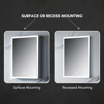 Blossom LED Lighted Mirror Medicine Cabinet, 24x32, Left Hinge, Wall Mounted Recessed or Surface Bathroom LED Medicine Cabinet with Mirror, Makeup Mirror with Lights, Defogger, Adjustable Brightness