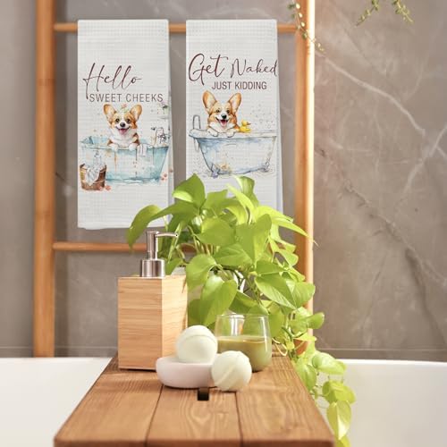 Funny Corgi Hand Towels, Hello Sweet Cheeks Bathroom Decor, Corgi Gifts Decorative Hand Towels for Bathroom Washroom Restroom, Gifts for Corgi Lovers, 16x24 Inch Set of 2