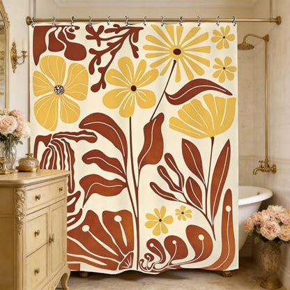 Matisse Flower Terracotta Shower Curtain 60Wx72L Inch Abstract Retro Aesthetic Minimalist Vintage Art 70s Brown Yellow Bathroom Set Accessories Decor with 12 Pack Hooks