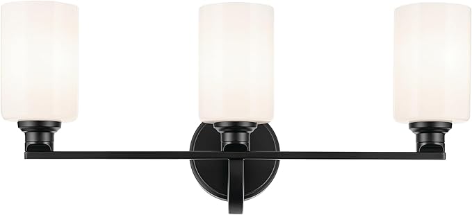 Kichler Gioe 24.25" 3-Light Vanity Light with Opal Glass in Black, Damp Rated, for Bathroom, Powder Room, Over a Mirror, (24.25" W x 10.5" H), 55226BK