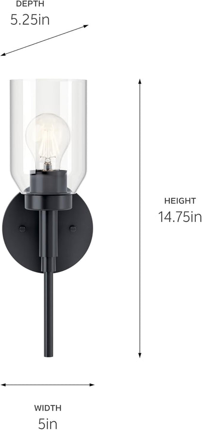 Kichler Madden 1-Light Wall Sconce with Clear Glass in Black, Sloped Ceiling Compatible, for Bathroom or Hallway (14.75" x 5"), 55183BK
