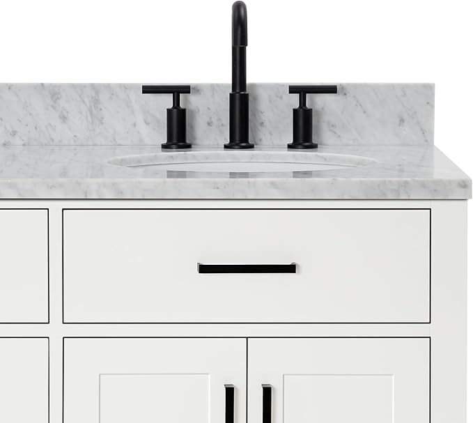 ARIEL Hepburn 66-inch Bathroom Vanity with Sink,Solid Wood, 0.75-inch Italian Carrara Marble Countertop & Backsplash, Double Oval Porcelain Sink, 4 Soft Closing Doors, 6 Dovetail Drawers, White