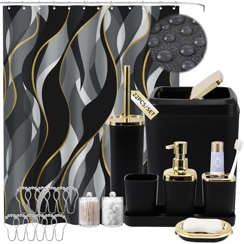 XLHOMO Black Bathroom Set, Bathroom Sets with Stripe Shower Curtain, Black and Gold Bathroom Accessories with Trash Can, Soap Dispenser, Soap Dish, Toilet Brush Holder, Qtip Holders for Bathroom