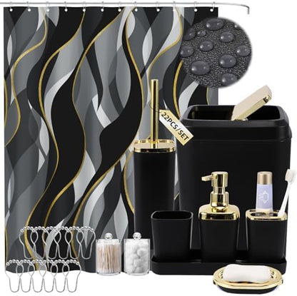XLHOMO Black Bathroom Set, Bathroom Sets with Stripe Shower Curtain, Black and Gold Bathroom Accessories with Trash Can, Soap Dispenser, Soap Dish, Toilet Brush Holder, Qtip Holders for Bathroom