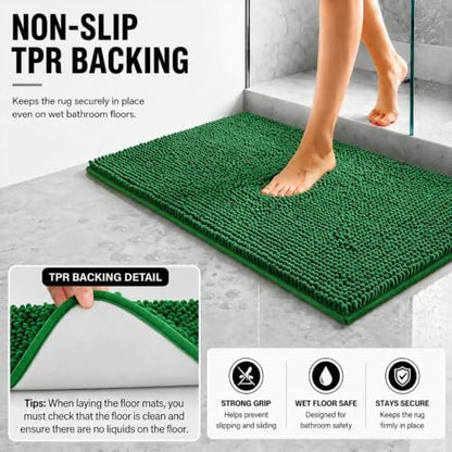 Bathroom Rugs Sets 2 Piece,Super Absorbent Soft,Thick,Machine Washable Chenille Bath Mat,Non Slip Toilet Floor Rug,Bath Mats for Bathroom,20x32 Plus 20x20 U Shape,Dark Green