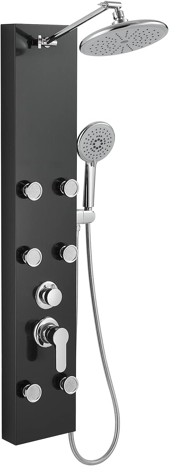 ROVOGO Shower Panel Tower System With Height Adjustable Shower Head, Black | Self-Cleaning Rain Shower and Handheld, 6 Body Jets, Brass Shower Arm and Valves, Stainless Steel Shower Column 43.3 inch