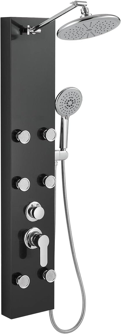 ROVOGO Shower Panel Tower System With Height Adjustable Shower Head, Black | Self-Cleaning Rain Shower and Handheld, 6 Body Jets, Brass Shower Arm and Valves, Stainless Steel Shower Column 43.3 inch