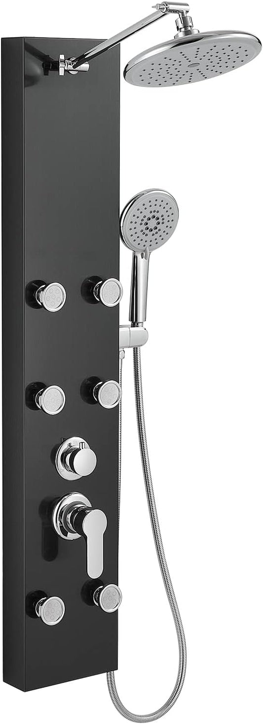 ROVOGO Shower Panel Tower System With Height Adjustable Shower Head, Black | Self-Cleaning Rain Shower and Handheld, 6 Body Jets, Brass Shower Arm and Valves, Stainless Steel Shower Column 43.3 inch