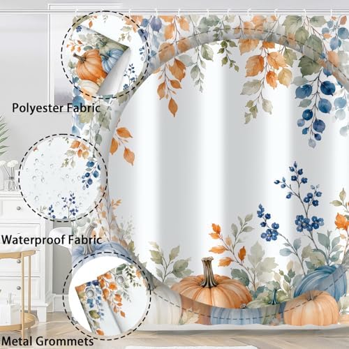 Fall Pumpkin Shower Curtain, Autumn Thanksgiving Harvest Floral Plant Leaves Farmhouse Bath Curtain Accessories, Waterproof Polyester Fabric Bathroom Curtain 72X72in